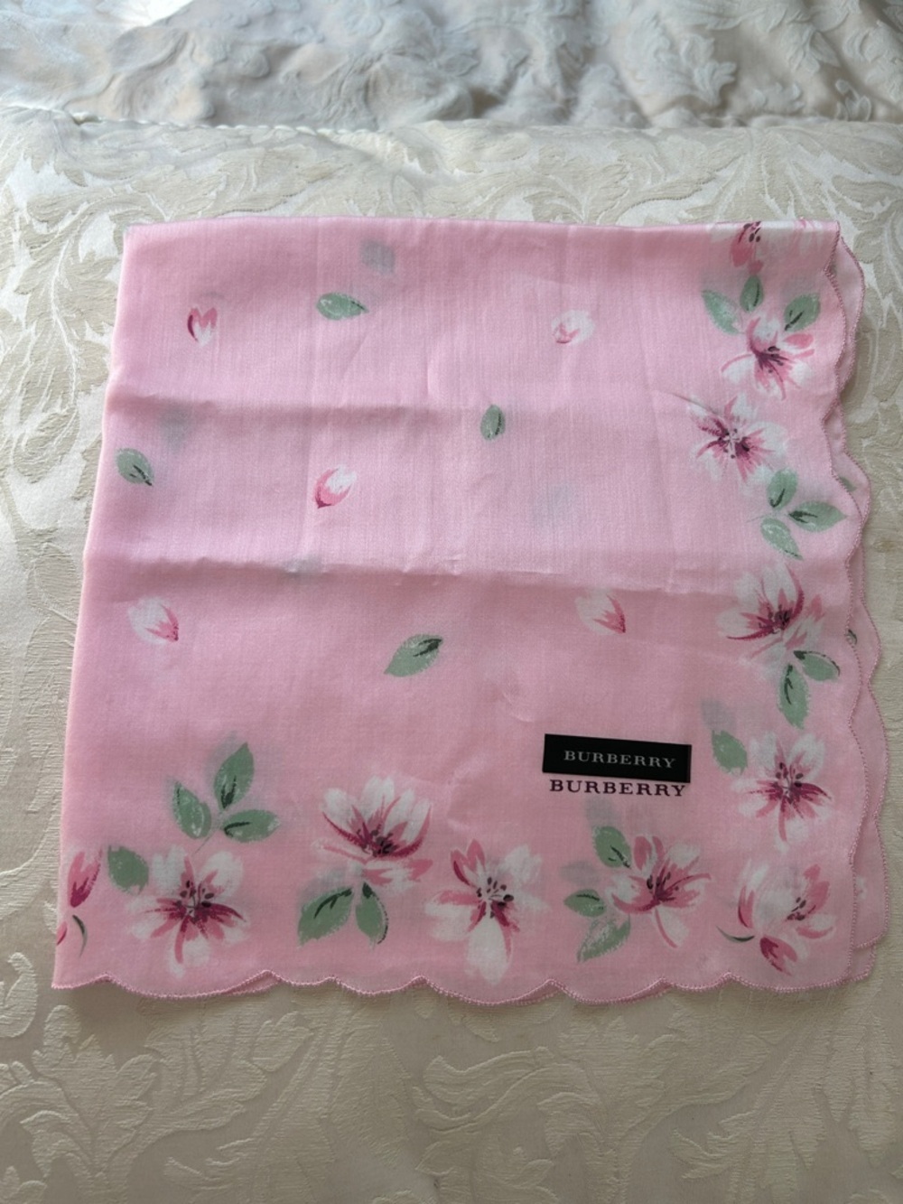 7038. Burberry Pink Floral Cotton Hankerchief / Twilly Approximately 19” x 19”
